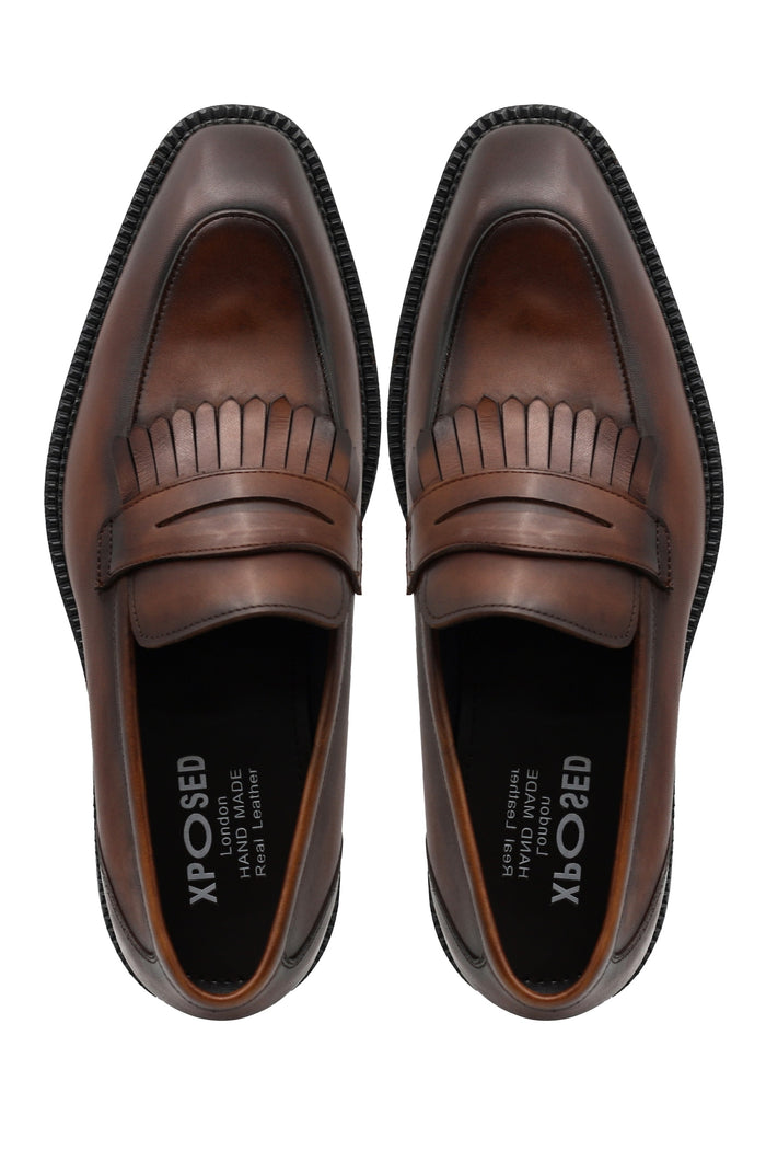 BROWN LEATHER PENNY LOAFERS WITH FRINGE