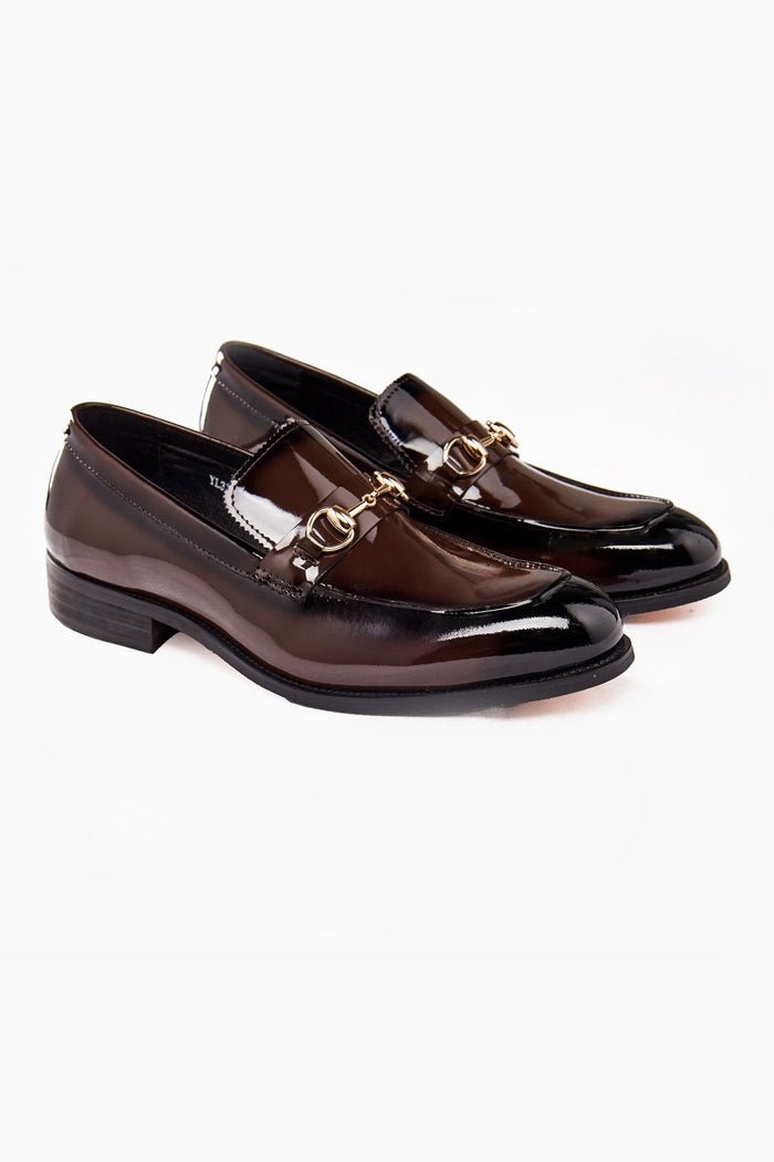 BROWN PATENT LEATHER GOLD BUCKLE LOAFERS