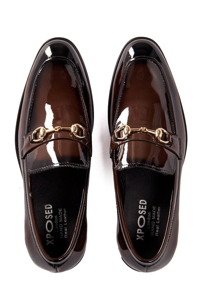 BROWN PATENT LEATHER GOLD BUCKLE LOAFERS