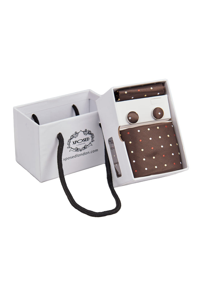 BROWN POLKA DOT NECK TIE SET