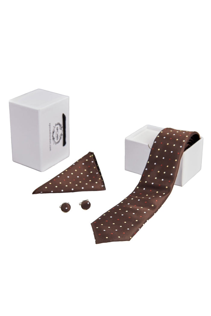 BROWN POLKA DOT NECK TIE SET