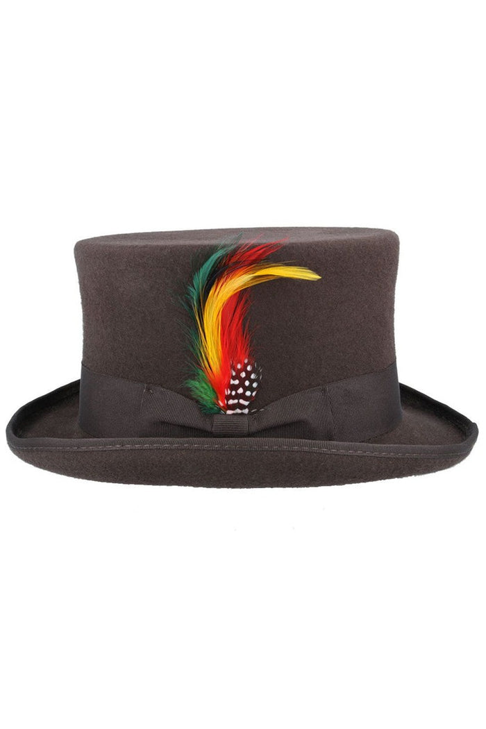 BROWN PURE WOOL TOP HAT WITH FEATHER