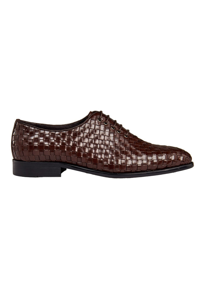 BROWN WOVEN LEATHER OXFORDS