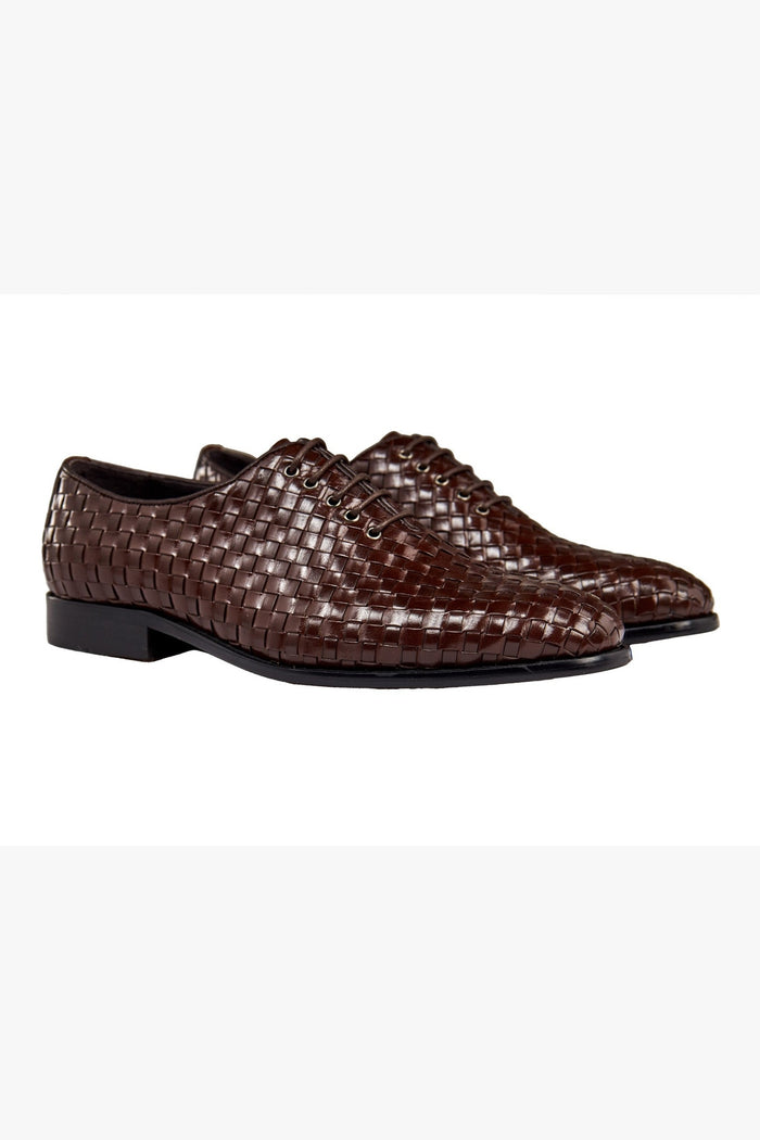 BROWN WOVEN LEATHER OXFORDS