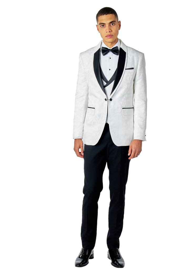BRUCE – WHITE TUXEDO 3 PIECE SUIT FLORAL PAISLEY PRINT