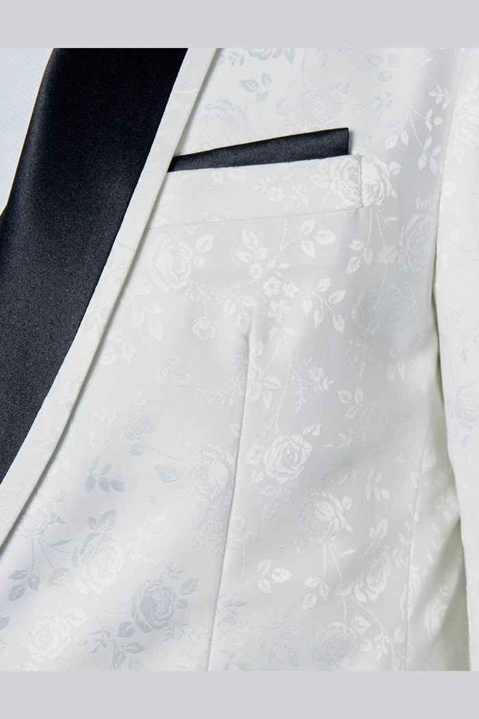 BRUCE – WHITE TUXEDO 3 PIECE SUIT FLORAL PAISLEY PRINT