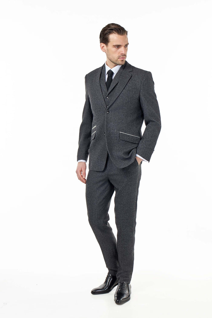 BRUCE – TAILORED GREY WOOL RICH SUIT HERRINGBONE