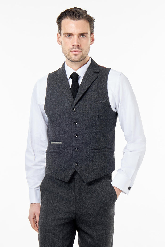 BRUCE – Grey Wool Rich Herringbone Waistcoat