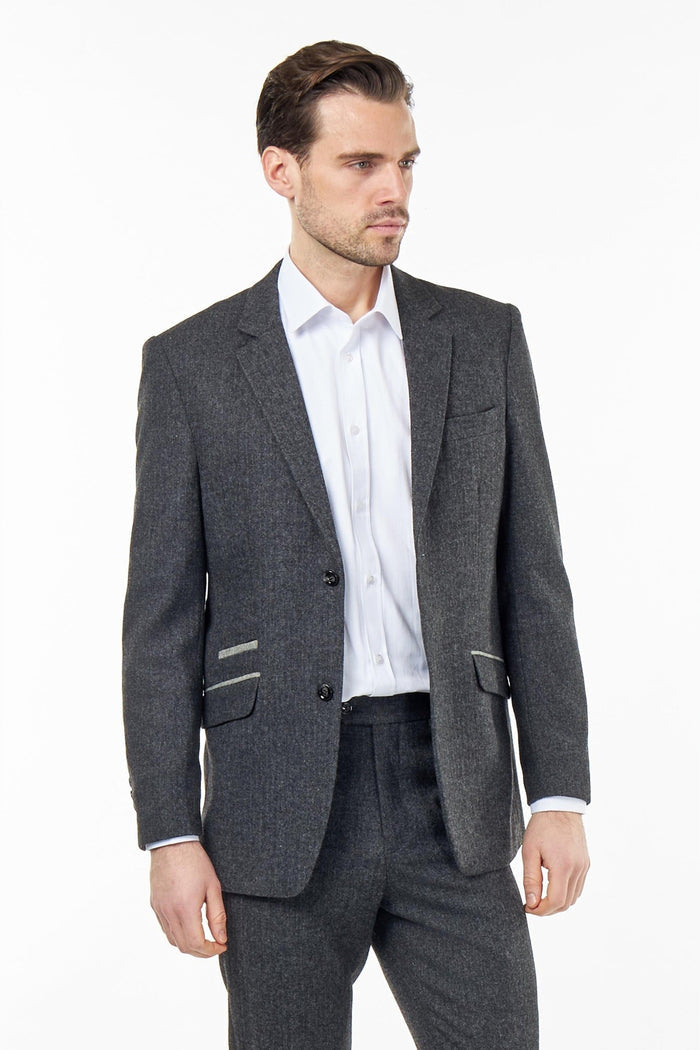 BRUCE – TAILORED WOOL RICH GREY HERRINGBONE SUIT -2 PIECE