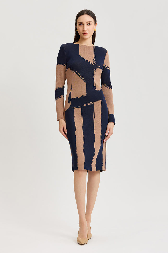 Brushstroke Soft Knit Sheath Dress, Warm Taupe/Indigo | Ming Wang