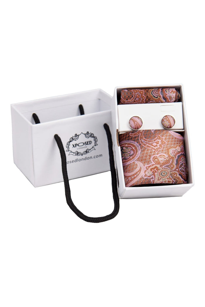 BURNT ORANGE PAISLEY PRINT NECK TIE SET