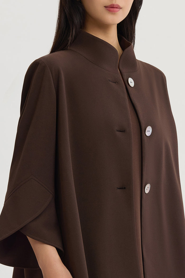 Button-Front Bell Sleeve Deco Crepe Jacket, Dark Umber, Dark Umber | Ming Wang