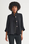 Button-Front Bell Sleeve Deco Crepe Jacket, Black | Ming Wang