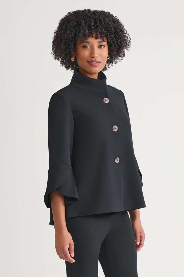 Button-Front Bell Sleeve Deco Crepe Jacket, Black | Ming Wang