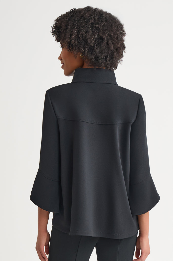 Button-Front Bell Sleeve Deco Crepe Jacket, Black | Ming Wang