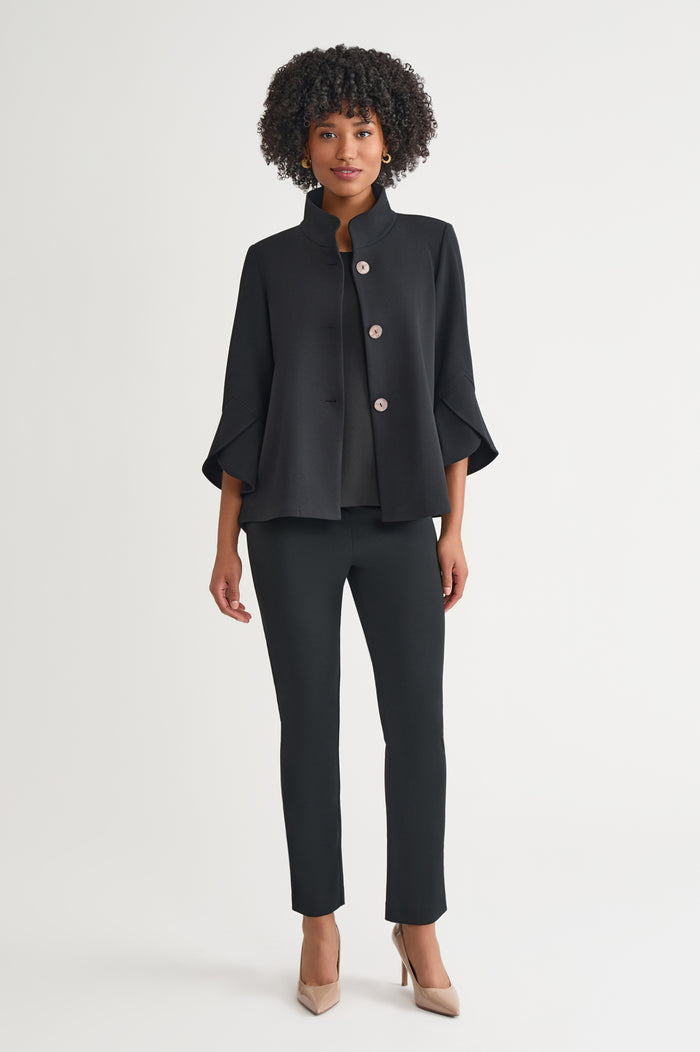 Button-Front Bell Sleeve Deco Crepe Jacket, Black | Ming Wang