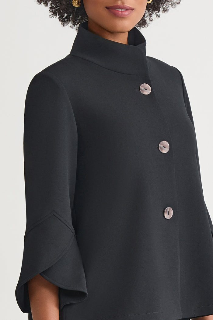 Button-Front Bell Sleeve Deco Crepe Jacket, Black | Ming Wang