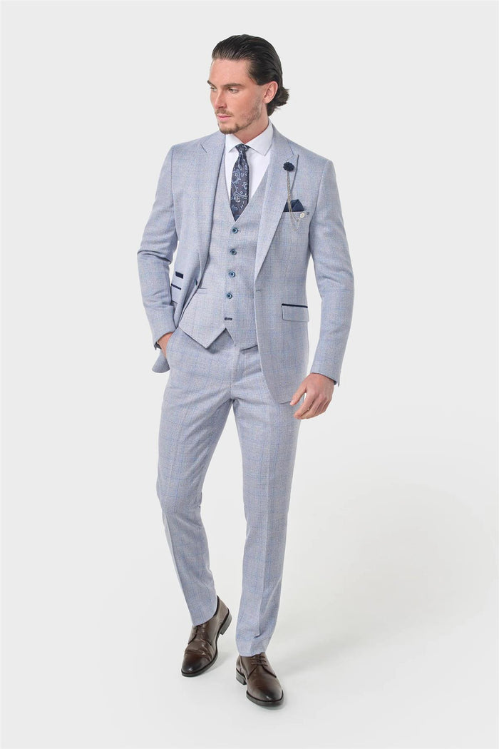 MENS CARIDI SKY BLUE TAILORED FIT THREE PIECE SUIT