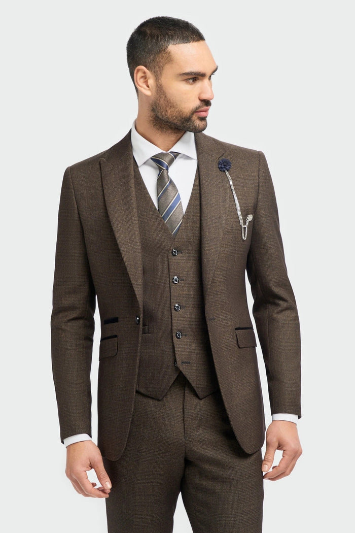 CARIDI – TAILORED FIT 3 PIECE SUIT IN BROWN CHECK