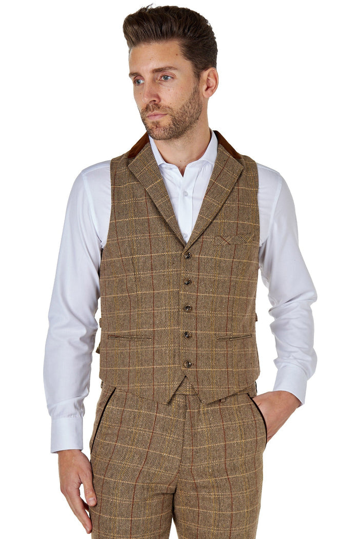 CARLO Tan Brown Tweed Check Waistcoat