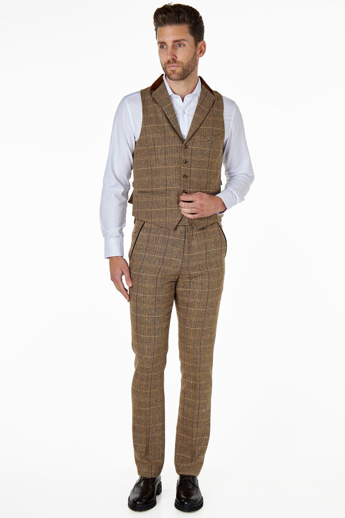 CARLO Tan Brown Tweed Check Waistcoat