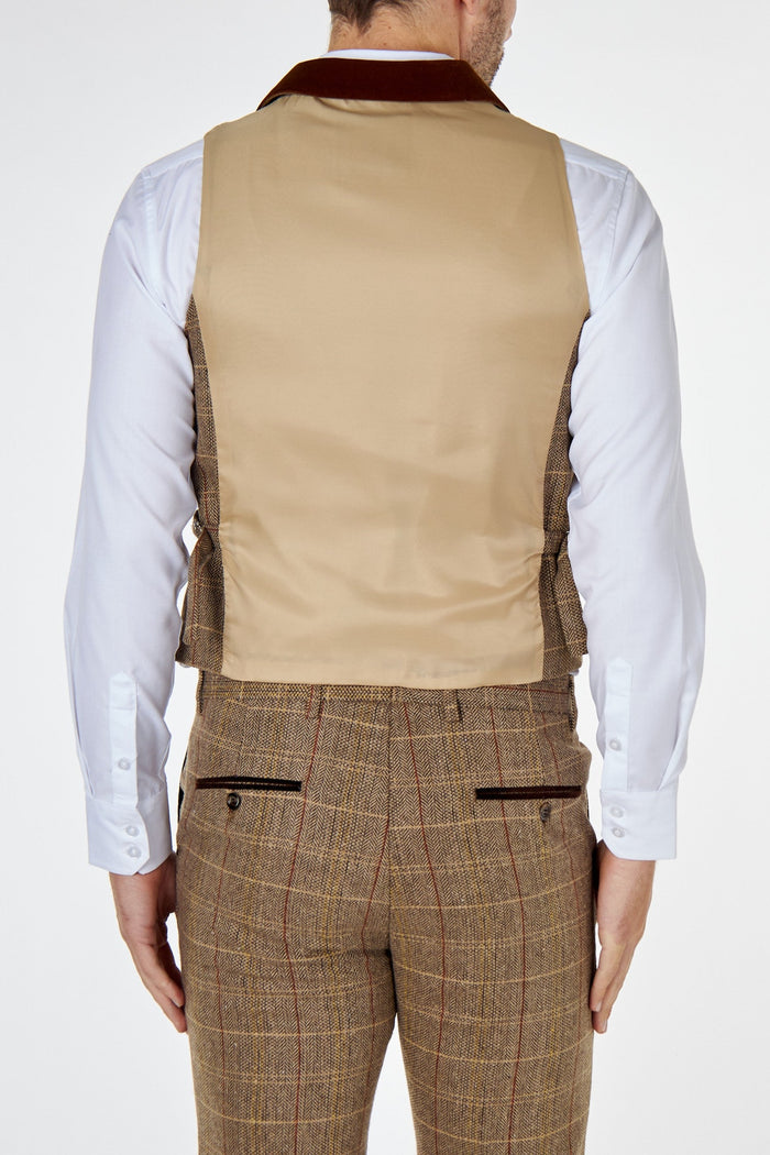 CARLO Tan Brown Tweed Check Waistcoat
