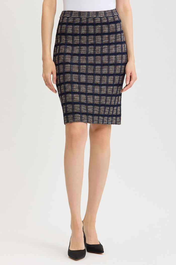 Checkered Knit Straight Skirt, Indigo/Warm Taupe/French Almond | Ming Wang