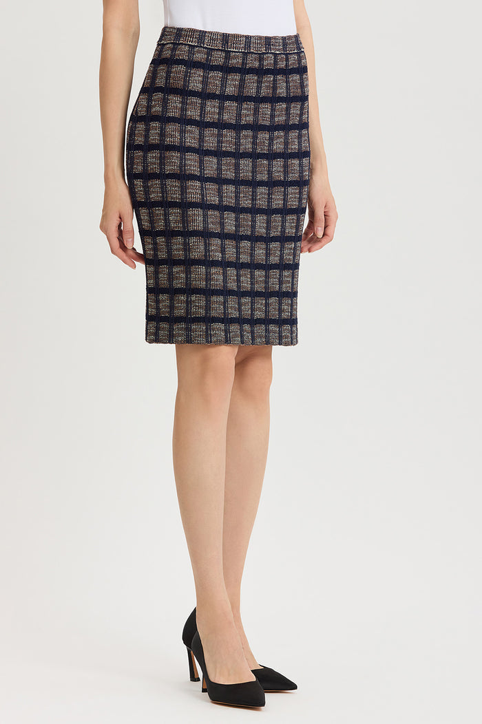 Checkered Knit Straight Skirt, Indigo/Warm Taupe/French Almond | Ming Wang