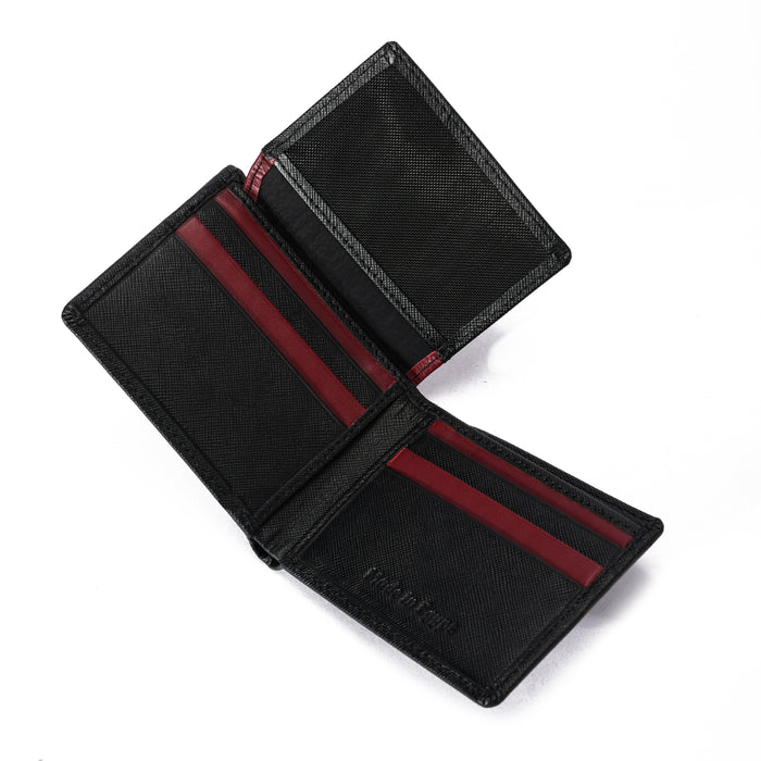 Black leather bifold wallet with red card slots on white background