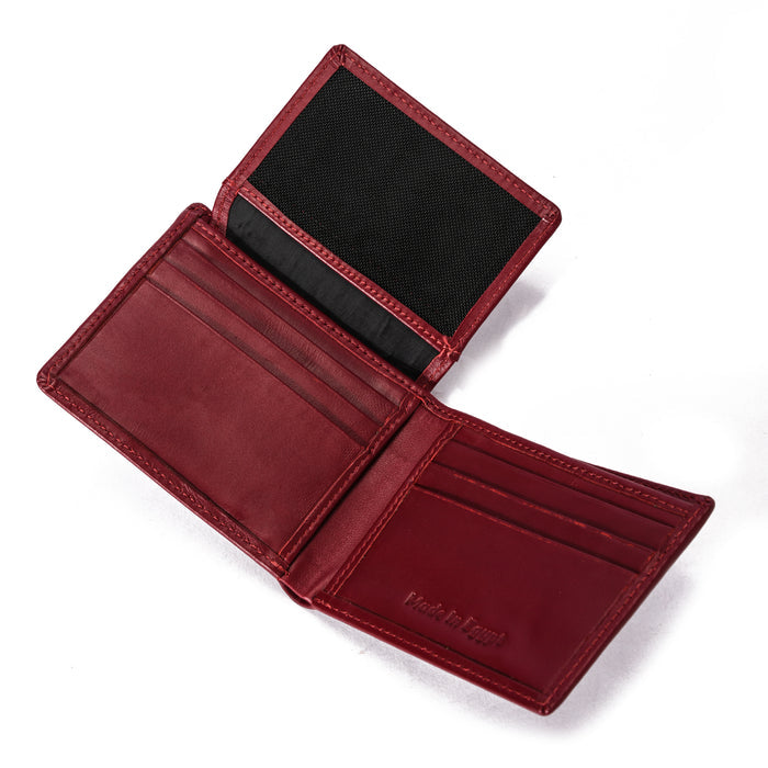 Open Burgundy leather wallet with card slots and black mesh compartment on white background