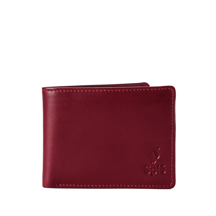 Burgundy leather wallet with embossed logo, minimalist design, front view, white background