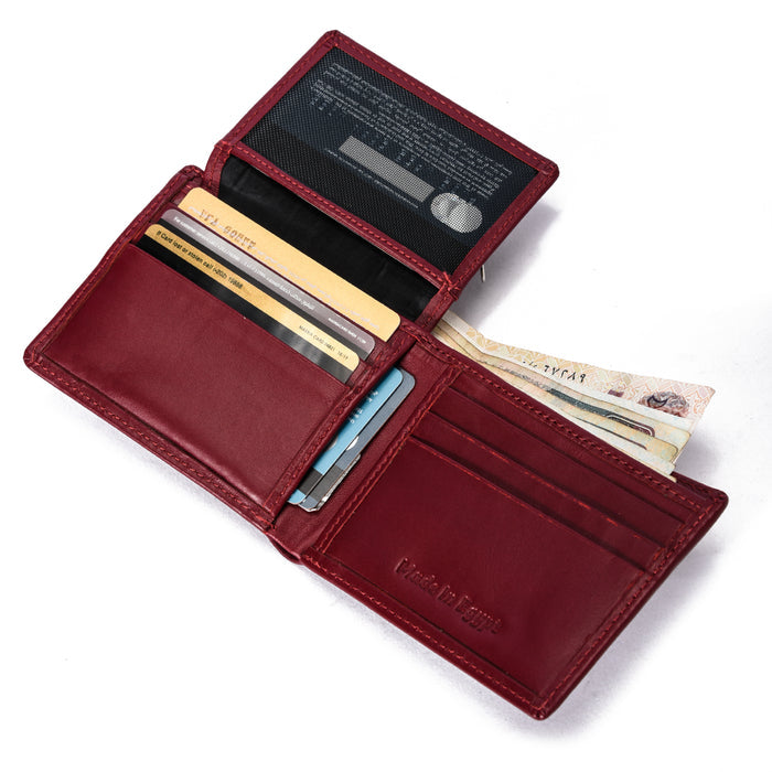Open red leather wallet with cash, cards, ID holder, embossed 'Made in Egypt' text