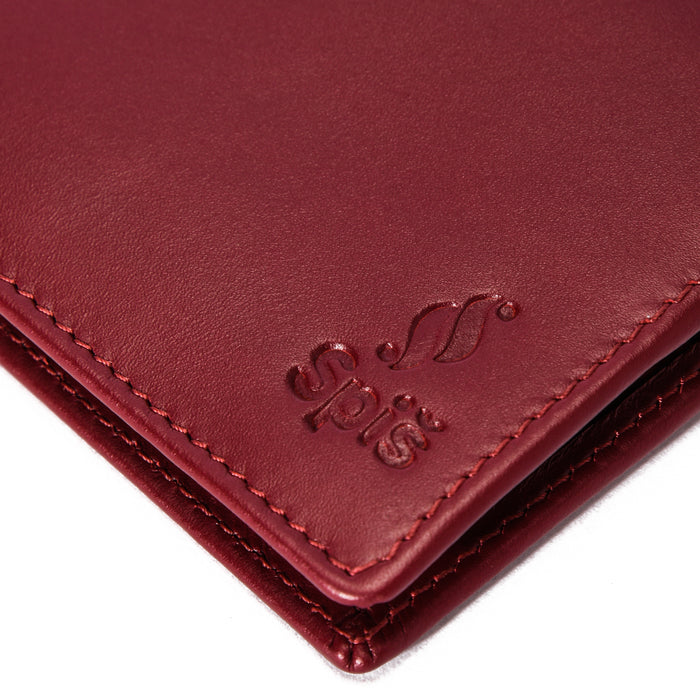 Close-up of burgundy leather wallet with embossed logo and detailed stitching