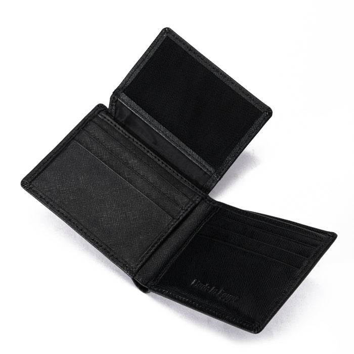 Open black leather wallet with multiple card slots against white background