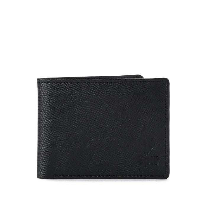 Black leather bifold wallet for men with subtle embossed logo on white background