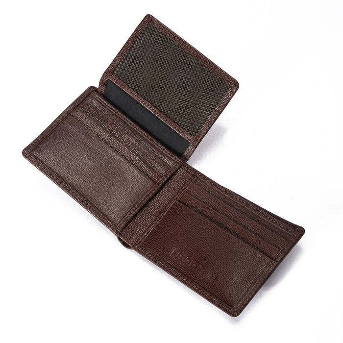 Open brown leather wallet with multiple card slots and a mesh ID window on white background