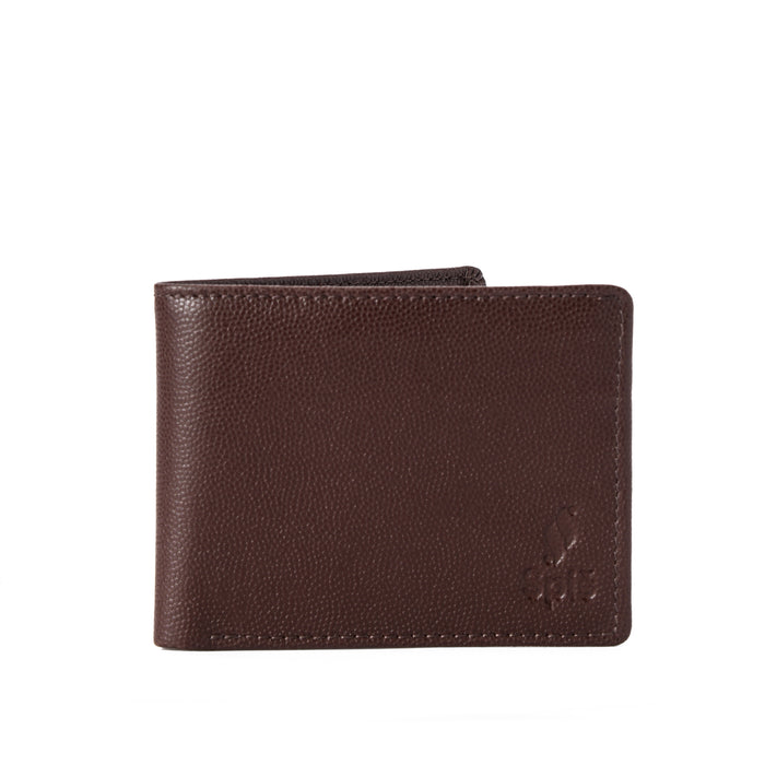 Brown leather bifold wallet for men with textured finish, minimalist design on white background