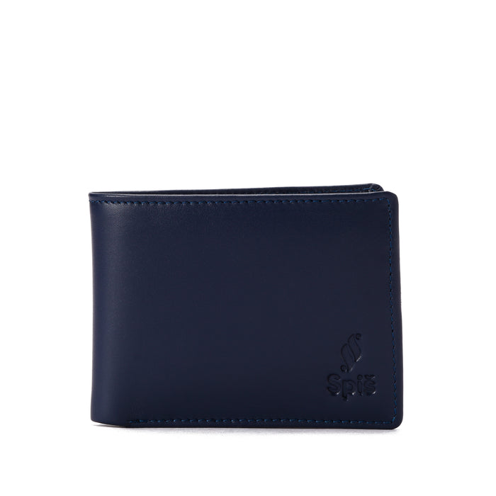 Navy blue leather bifold wallet with embossed logo on white background