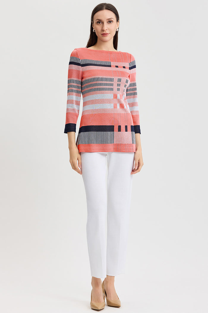 Classic Jacquard Colorblock Soft Knit Tunic, Sunkist Coral/White/Indigo | Ming Wang