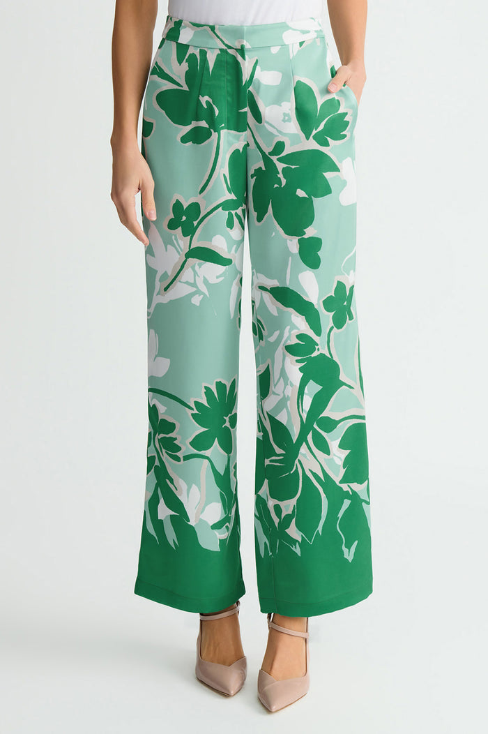 Crepe de Chine Floral Printed Wide-Leg Pants, Kelly Green/Eucalyptus/Limestone/Ivory | Ming Wang