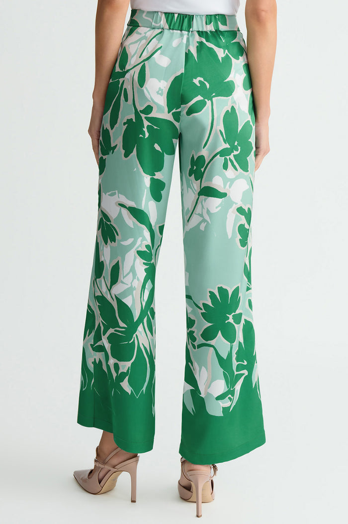 Crepe de Chine Floral Printed Wide-Leg Pants, Kelly Green/Eucalyptus/Limestone/Ivory | Ming Wang