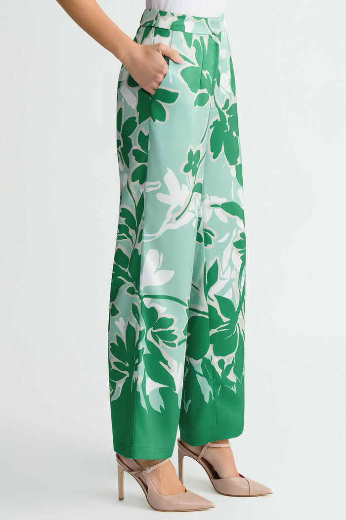 Crepe de Chine Floral Printed Wide-Leg Pants, Kelly Green/Eucalyptus/Limestone/Ivory | Ming Wang