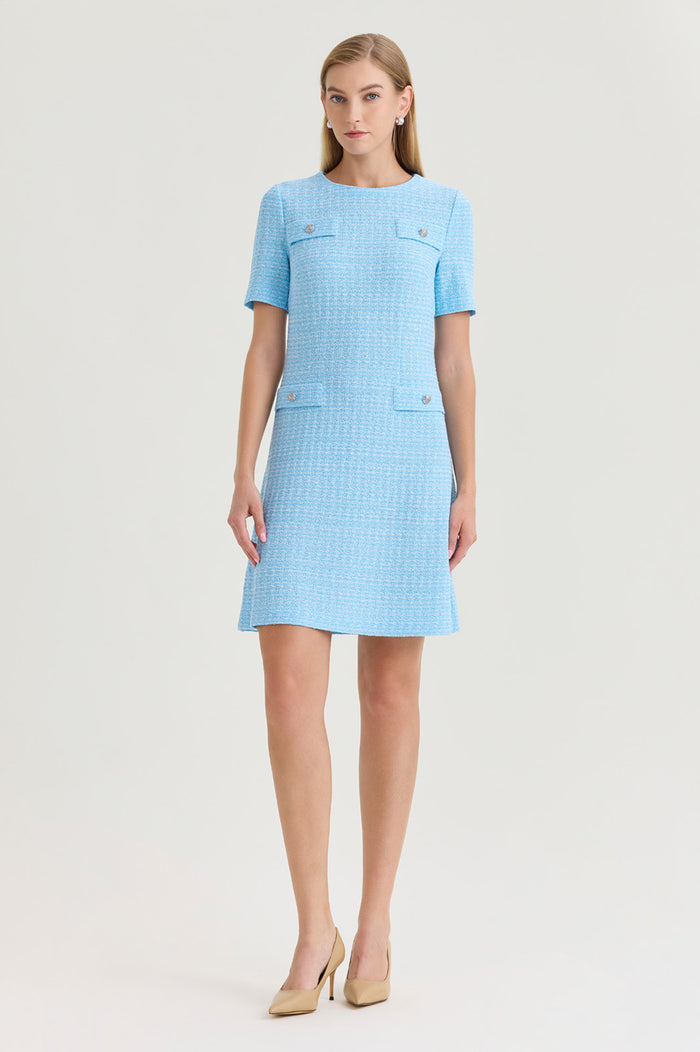 A-Line Tweed Texture Above-the-Knee Dress, Serene/White | Ming Wang