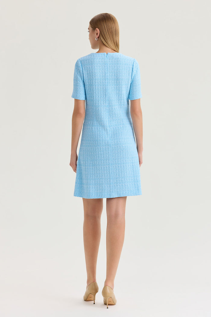 A-Line Tweed Texture Above-the-Knee Dress, Serene/White | Ming Wang