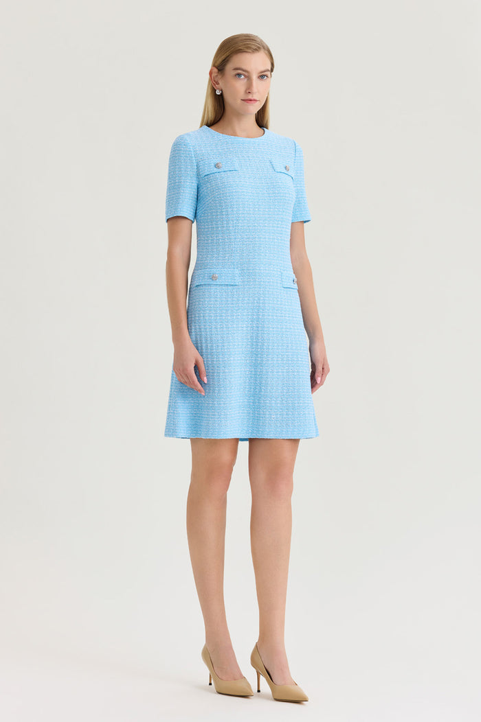 A-Line Tweed Texture Above-the-Knee Dress, Serene/White | Ming Wang