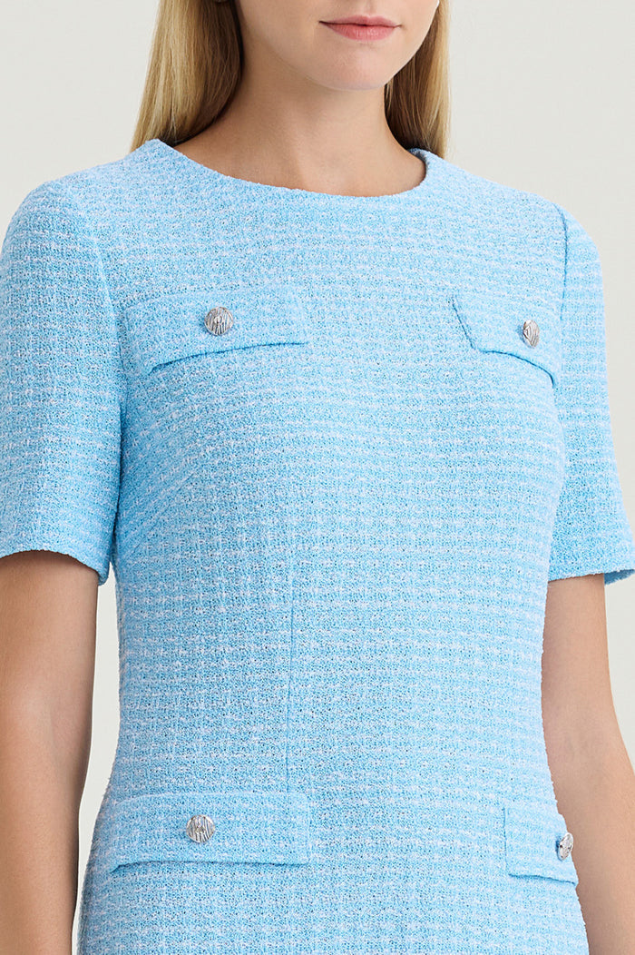 A-Line Tweed Texture Above-the-Knee Dress, Serene/White | Ming Wang