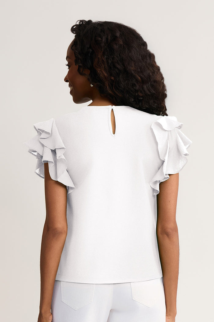 Family Savvy Flutter Sleeve Mixed-Media Top, White, White | Ming Wang