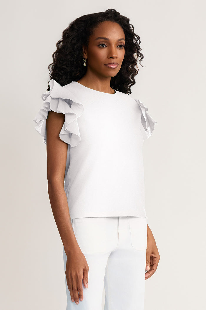 Family Savvy Flutter Sleeve Mixed-Media Top, White, White | Ming Wang