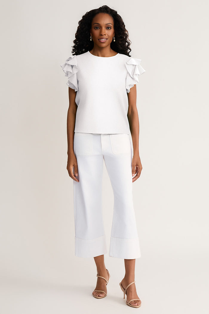 Family Savvy Flutter Sleeve Mixed-Media Top, White, White | Ming Wang