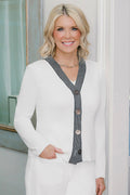 Family Savvy Heritage Contrast Trim Soft Knit Cardigan, White, White/Black | Ming Wang